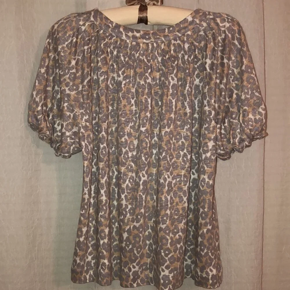Anthropologie S Maeve Linen Puff Sleeve Leopard Top